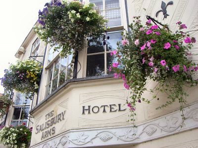 Hanging baskets outside The Salisbury Hotel